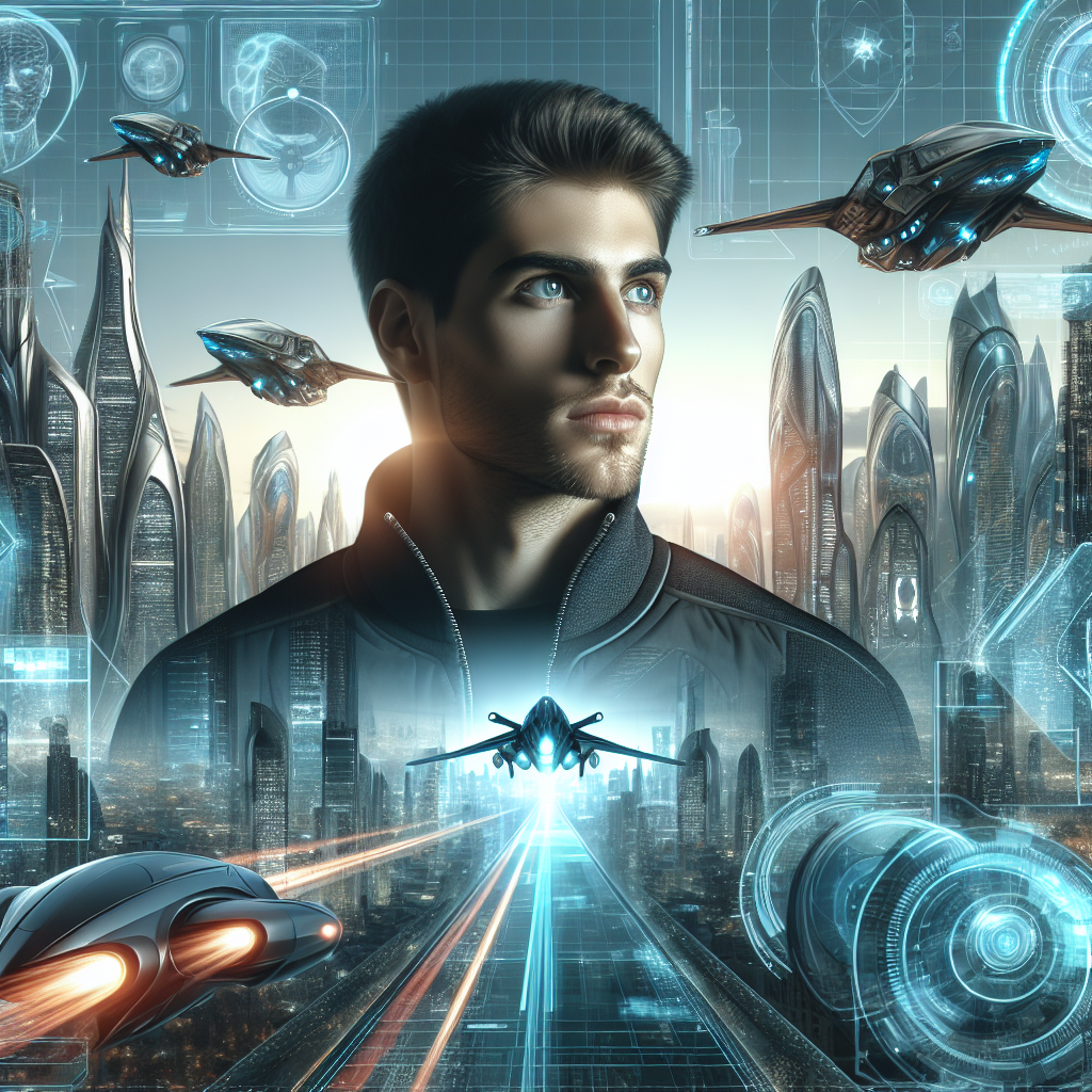 Create an image of a man in a 23rd-century futuristic society. He could be seen donning high-tech apparel, surrounded by advanced and sleek technology. The environment will reflect a bright, optimistic future with flying vehicles, tall, luminescent skyscrapers, and hovering billboards. His physical features could depict a wide variety of descents.