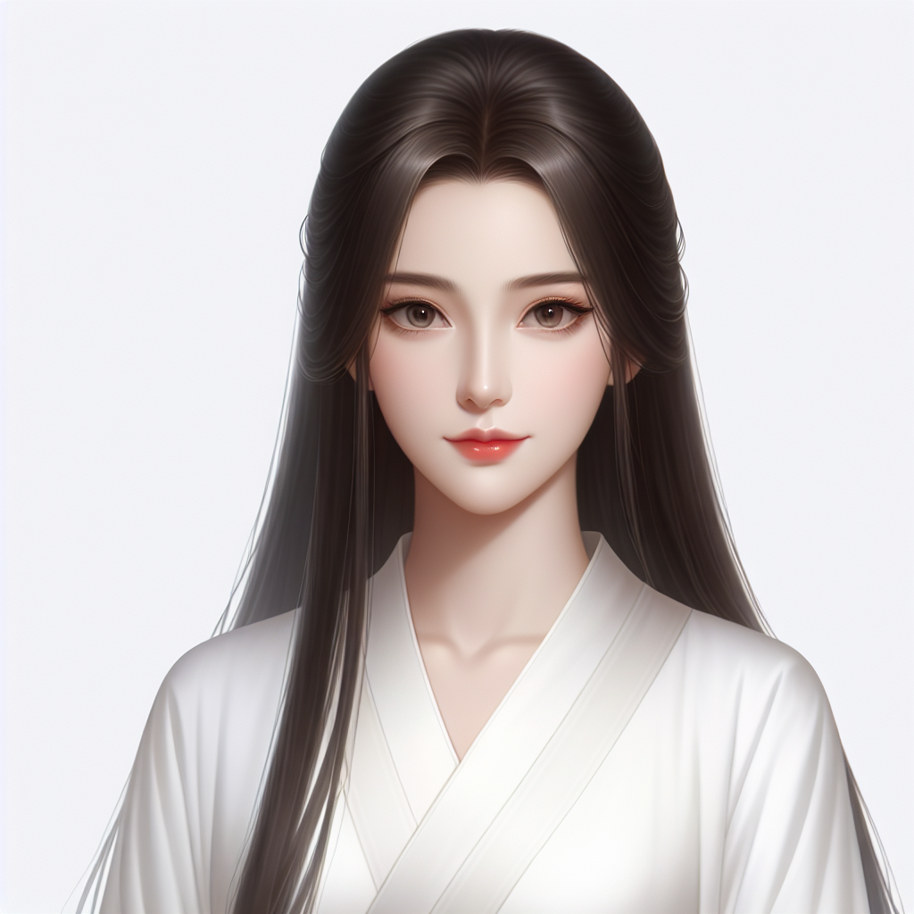 Create an image of a female character who has key distinguishing traits similar to those of a character in a novel. She has straight, long dark hair. Her face is graceful and elegant, her brows are delicately and well shaped, her eyes are clear and sparkling, and she's always wearing a white robe. The character appears serene and dedicated to her mission. Note: no relation to the original Chinese novel character, but merely inspired by her.