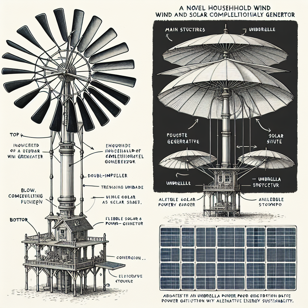 Generate a detailed, schematic-style drawing of a novel household wind and solar complementary generator. This structure combines elements of traditional wind generators with an umbrella design. Illustrate two main sections: the top features a double-impeller wind turbine, connected through a central shaft; the bottom is conceptualized as a telescopic umbrella structure, facilitating automatic lifting of the topmost nacelle. Integrate an umbrella bone structure into the mid-to-upper section of the column. Finally, adorn the umbrella surface with a flexible solar power generation panel embodying alternative energy sustainability.