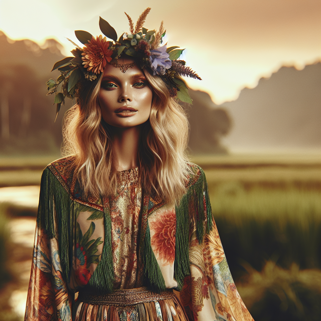 Generate an image of a beautiful woman with blonde hair. She is wearing earthy makeup and a crown made of various flowers resting on her head. Her attire is a flowing maxi dress adorned with vibrant patterns and fringes. The color scheme of the dress and the scene is dominated by shades of green and gold. She is set against a picturesque backdrop of either a sunset or a serene nature scene.