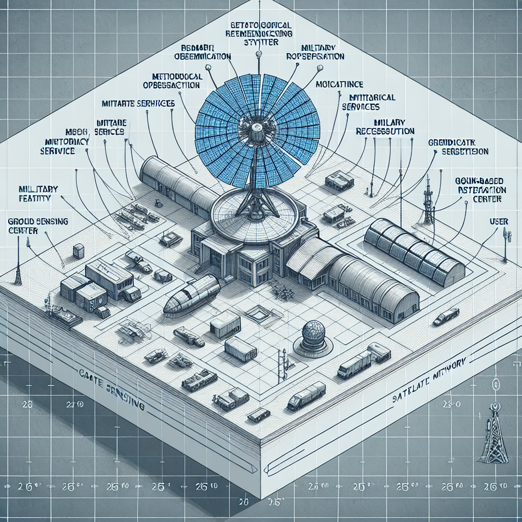 Create a two-dimensional architectural blueprint of a satellite communication remote sensing fusion system. This should include a remote sensing fusion satellite, meteorological observation station, maritime services, military reconnaissance facility, ground-based remote sensing center, core network, public data king, ground station access point, remote sensing users, and vehicle-mounted satellite terminal.