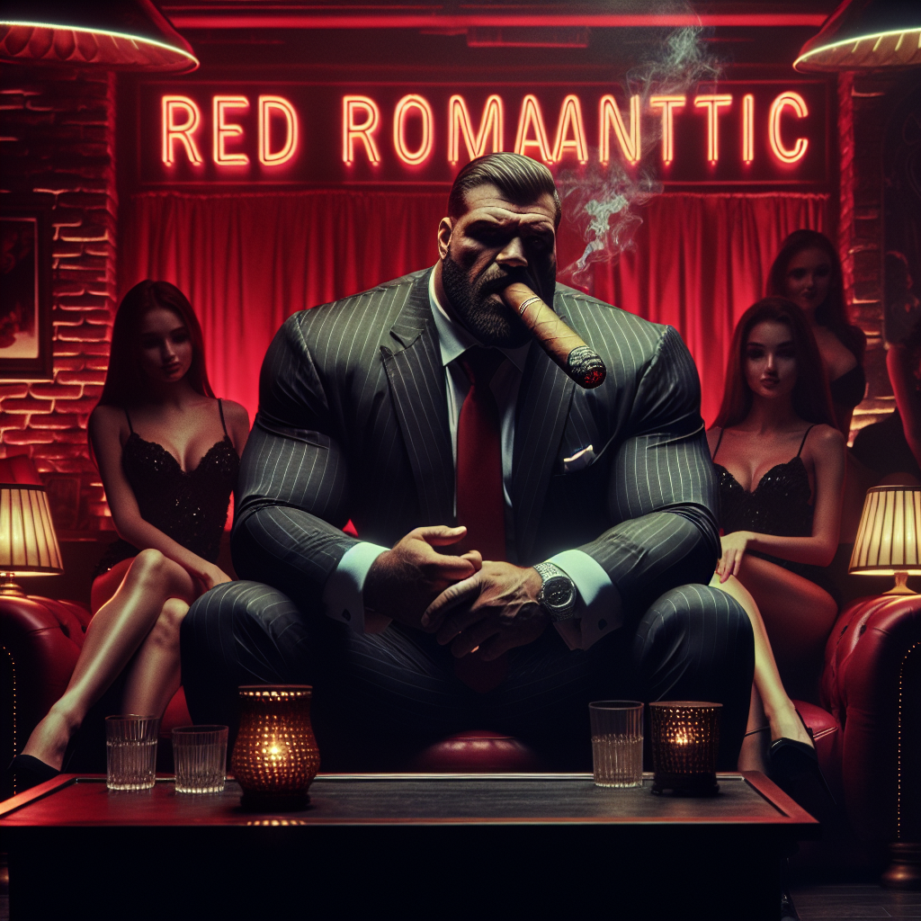 An imposing executive with a hefty physique sits in a luxurious booth in a nightclub named 'Red Romantic'. The nightclub is dimly lit, adding to the allure and mystique of the scenery. Three attractive dancers prevail around him, enhancing the charm of the scene. The executive, denotes a commanding presence, with a model of a cigar perched in his mouth, reflecting an effulgent light.