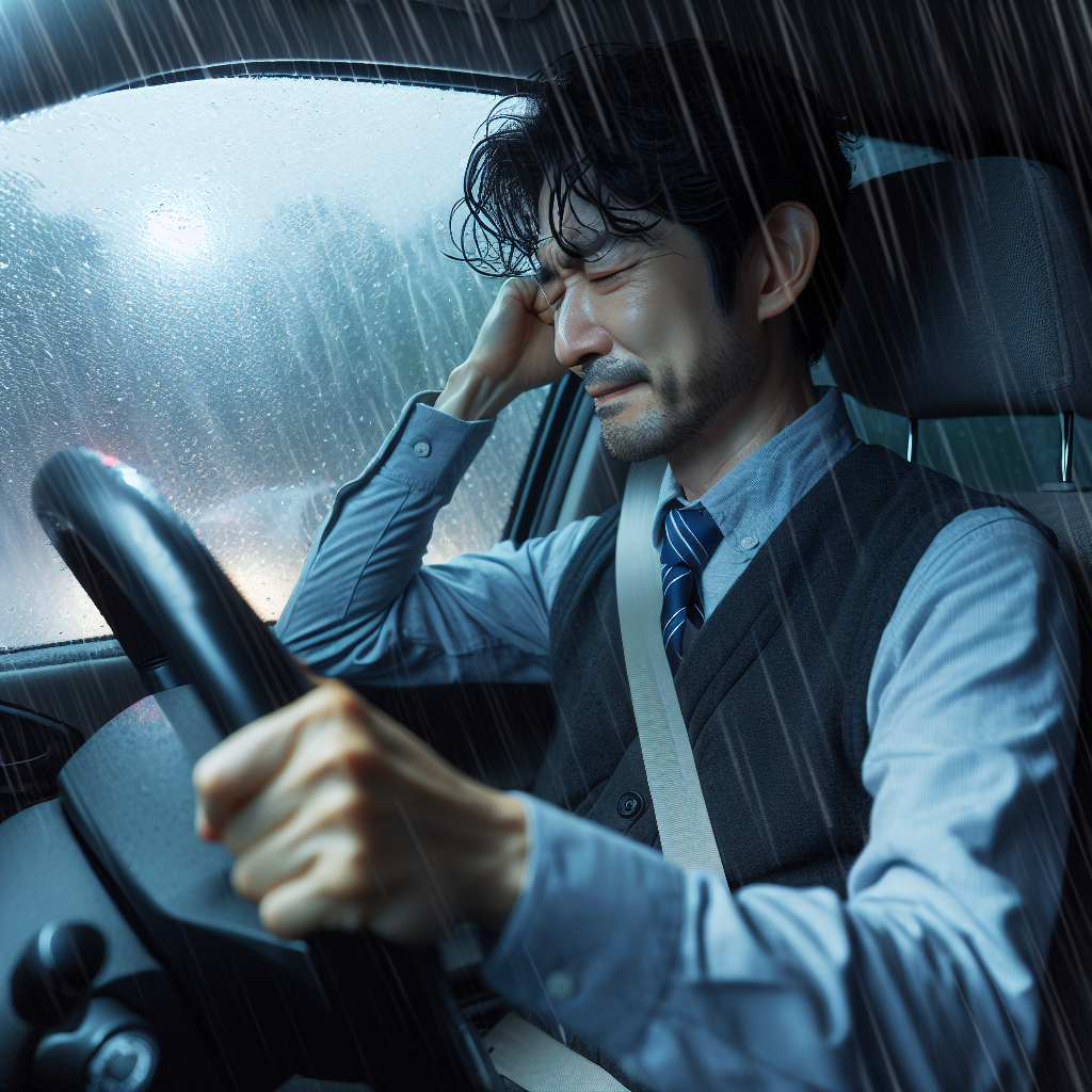 A kind-hearted South Korean man driving a car under a storm with heavy rain and strong winds