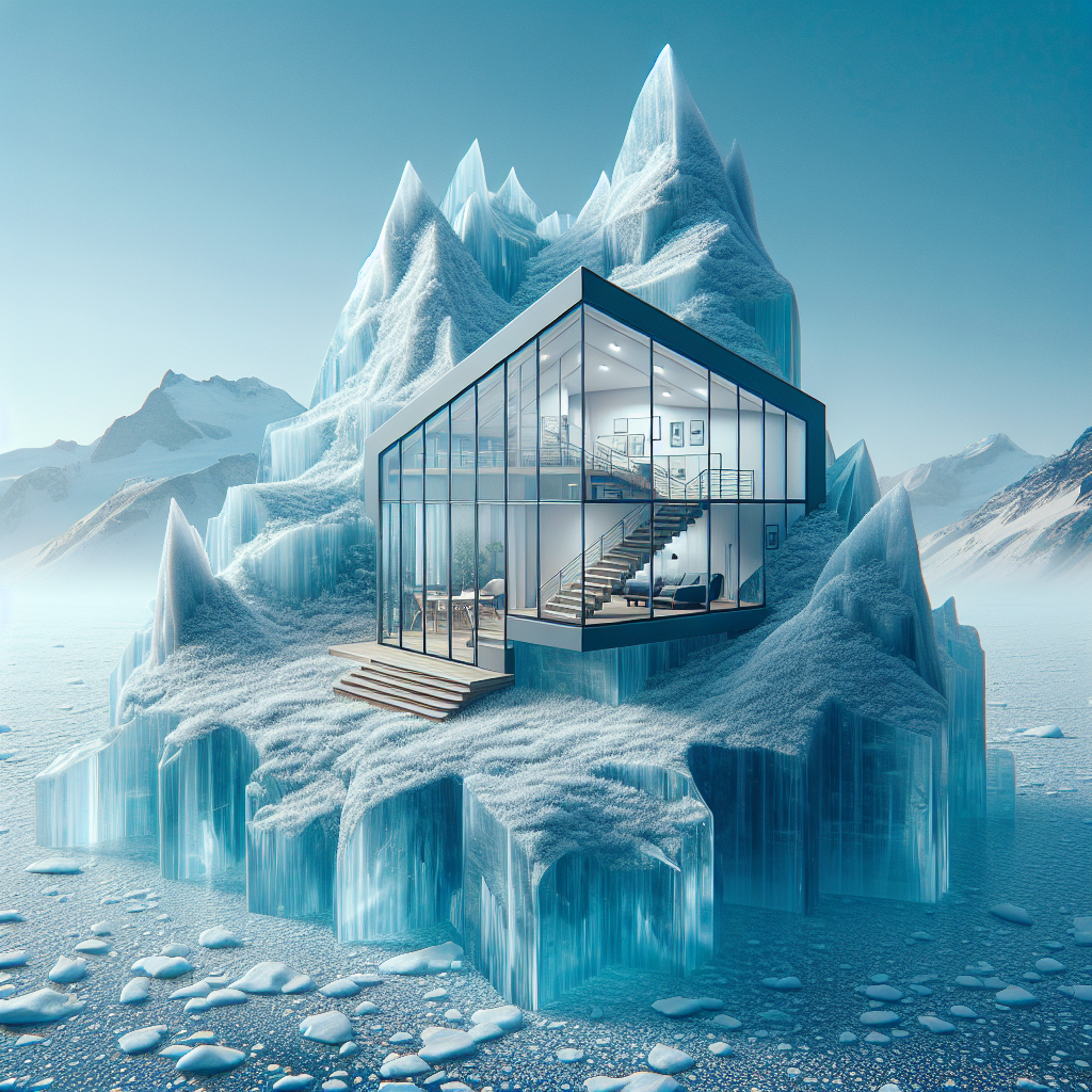 Create an image of a glass cabin in the shape of an iceberg