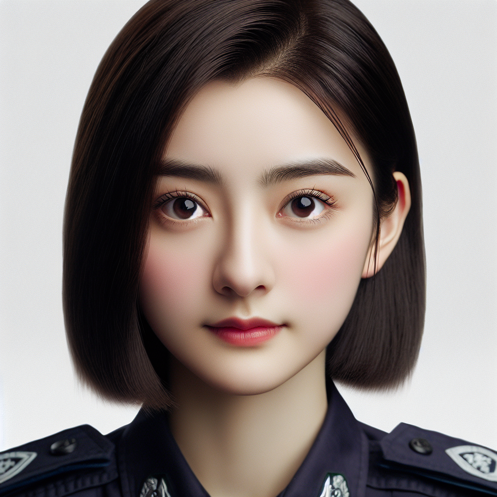 An image of a young, beautiful Chinese female police officer, as seen in movies. She has an oval-shaped face, almond-shaped eyes, a complexion that's fair and smooth, and hair that is cut at ear length. The focus of the image should be on the clear view of her face.