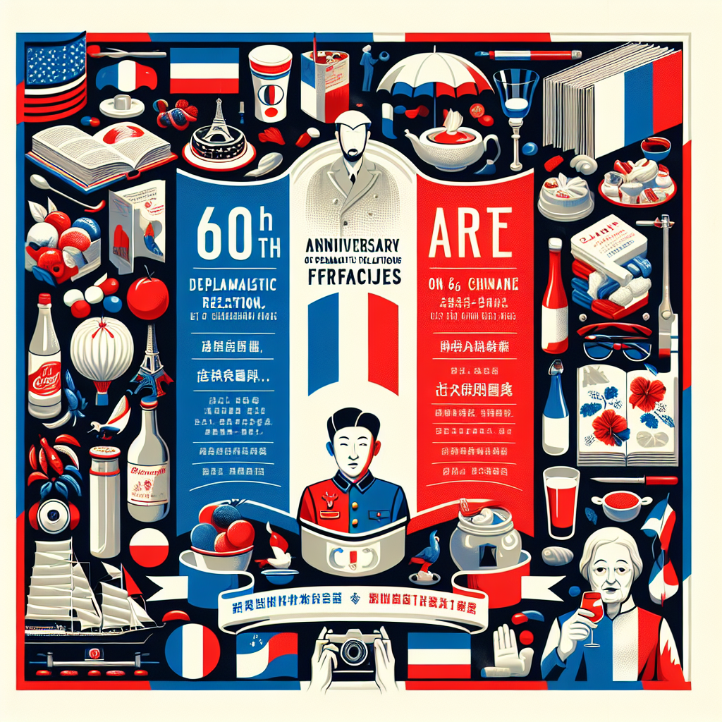 Create a poster to celebrate the 60th anniversary of the establishment of diplomatic relations between France and China, highlighting a series of lectures on French culture. The poster should prominently feature various aspects of French history, culture, language, art, and cuisine, while not emphasising Chinese culture. There should be no text, only real-life images. The overall colour scheme should be predominantly red, white, and blue.