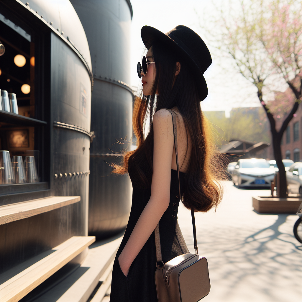 A tall, slightly overweight Chinese girl with long hair on a delightful spring afternoon. She sports a pair of sunglasses and a stylish hat, her profile accentuated as she has a small bag slung over her shoulder and stands before a café. This café has an unusual exterior that resembles a storage tank, exuding a technological vibe. Her profile is caught in a candid shot as she turns her gaze in a glance over her shoulder. The girl's silhouette needs to be fully visible, ideally centered in the image.
