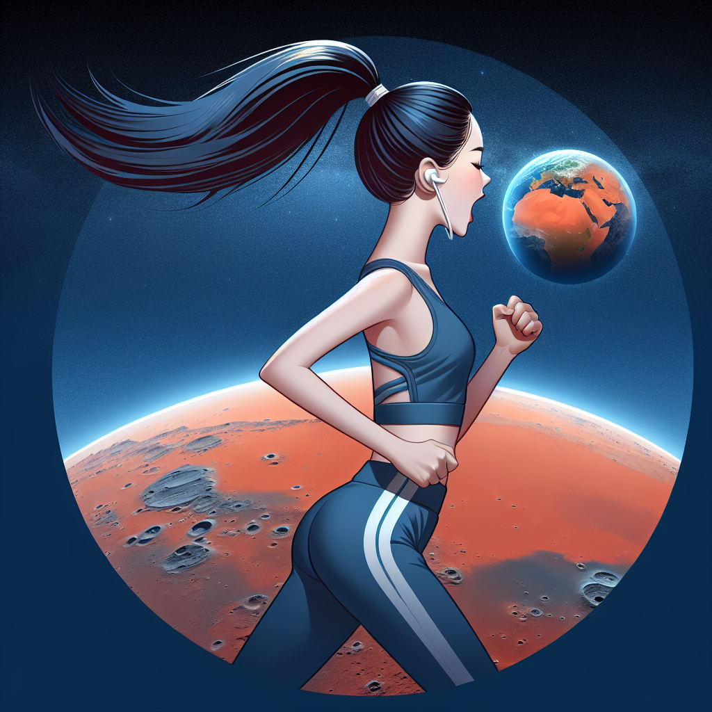 A tall Chinese girl with a ponytail, having a melon seed shaped face, is wearing sportswear and running on the surface of Mars. The movement of her running should be passionate and full of sports spirit, and the image should only show the girl's back. The background of the image should feature half of a deep-blue Earth and the profound starry sky.