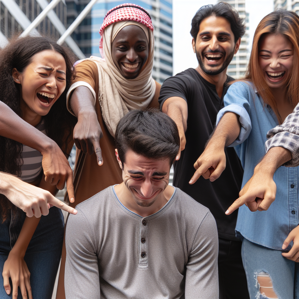 A diverse group of individuals, including a Black woman, a Middle-Eastern man, a White woman, and a South Asian man, are collectively pointing and laughing at an individual who appears downtrodden. The individual at the focus of the group's merriment appears embarrassed but maintains a demeanor of resilience, all set against the backdrop of an urban setting.