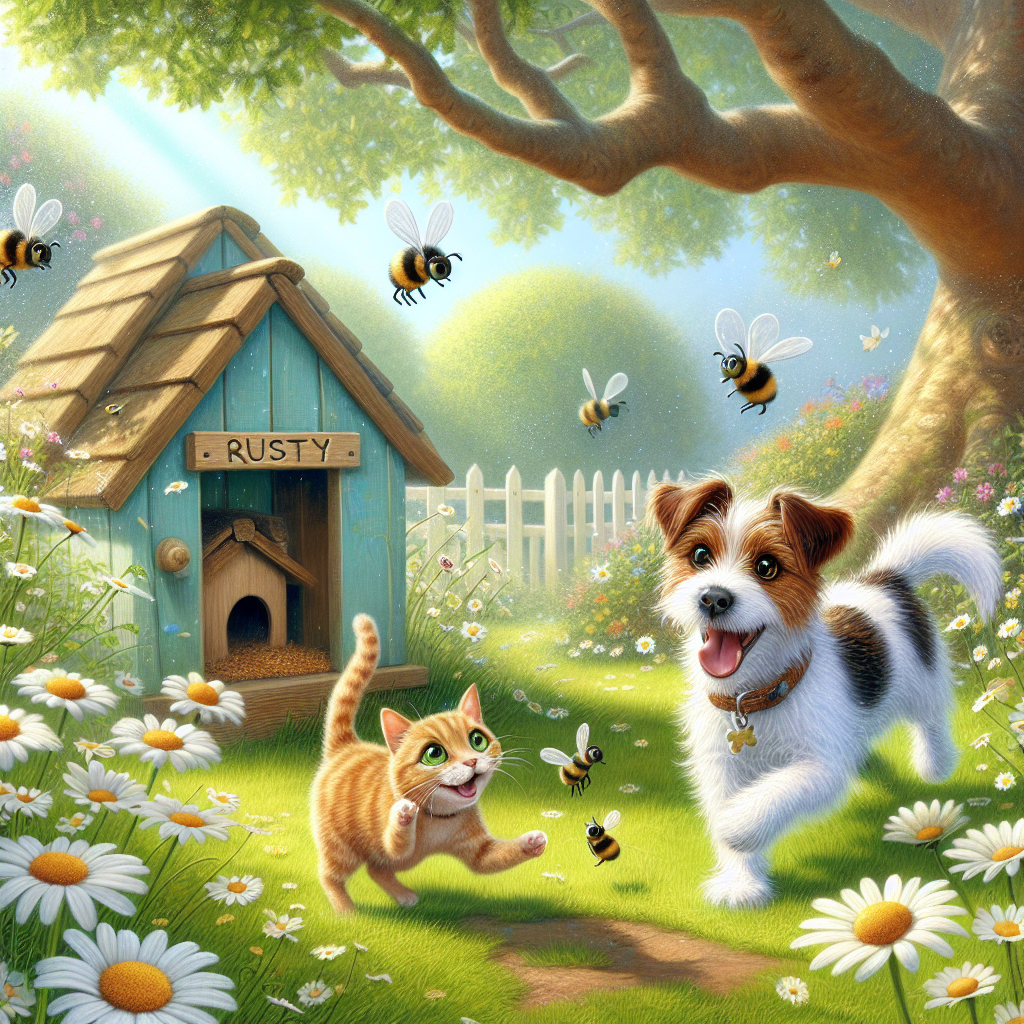 Create an image of a playful scene in a garden where a white and brown spotted Jack Russell Terrier Dog is cheerfully chasing a ginger tabby cat with green eyes. They are surrounded by daisies and bumblebees, adding charm to the afternoon setting. A small wooden doghouse with the dog's name, 'Rusty', painted in sky blue, is seen towards the left of the frame. The sunlight filters softly through the branches of a towering oak tree, casting dappled shadows on the green grass.