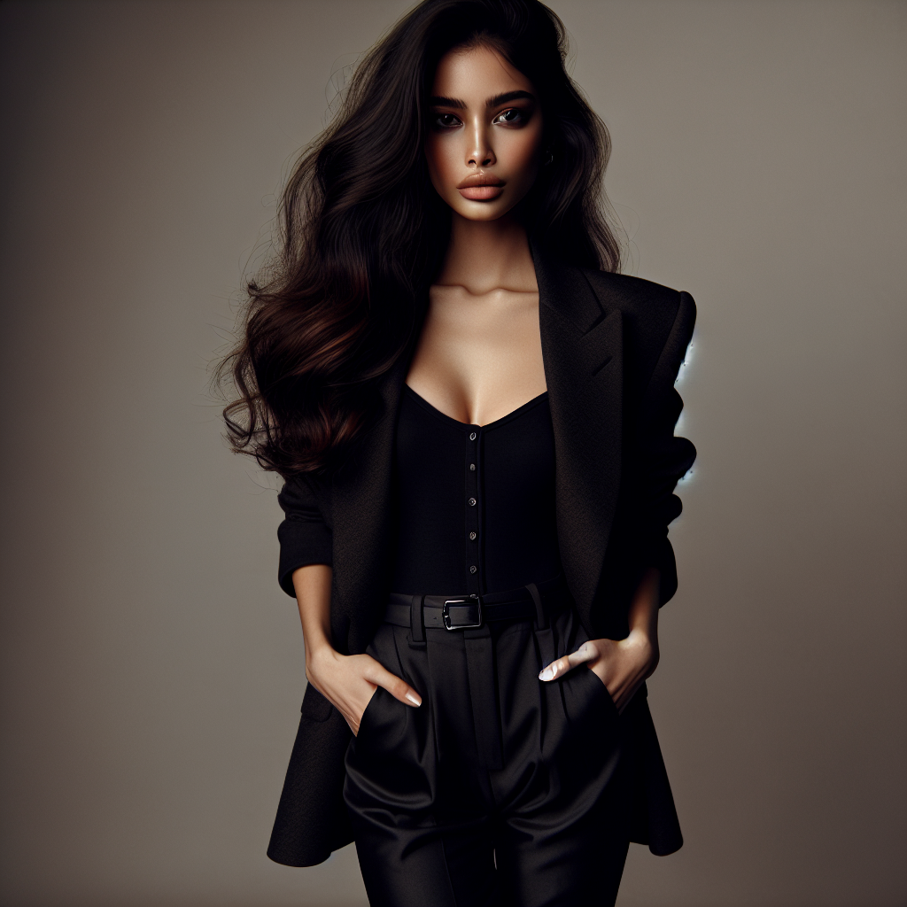 Generate an image of a stylish, cool woman of South Asian descent. She has an air of confidence about her. Her attire is sleek, perhaps a suit jacket paired with a simple yet chic top, along with fitted pants that complement her physique. Her hair is long, wavy, and lustrously dark, falling over her shoulders effortlessly. She holds an impassive expression, her eyes gleaming with a mysterious allure. She stands against a neutral, contemporary background.
