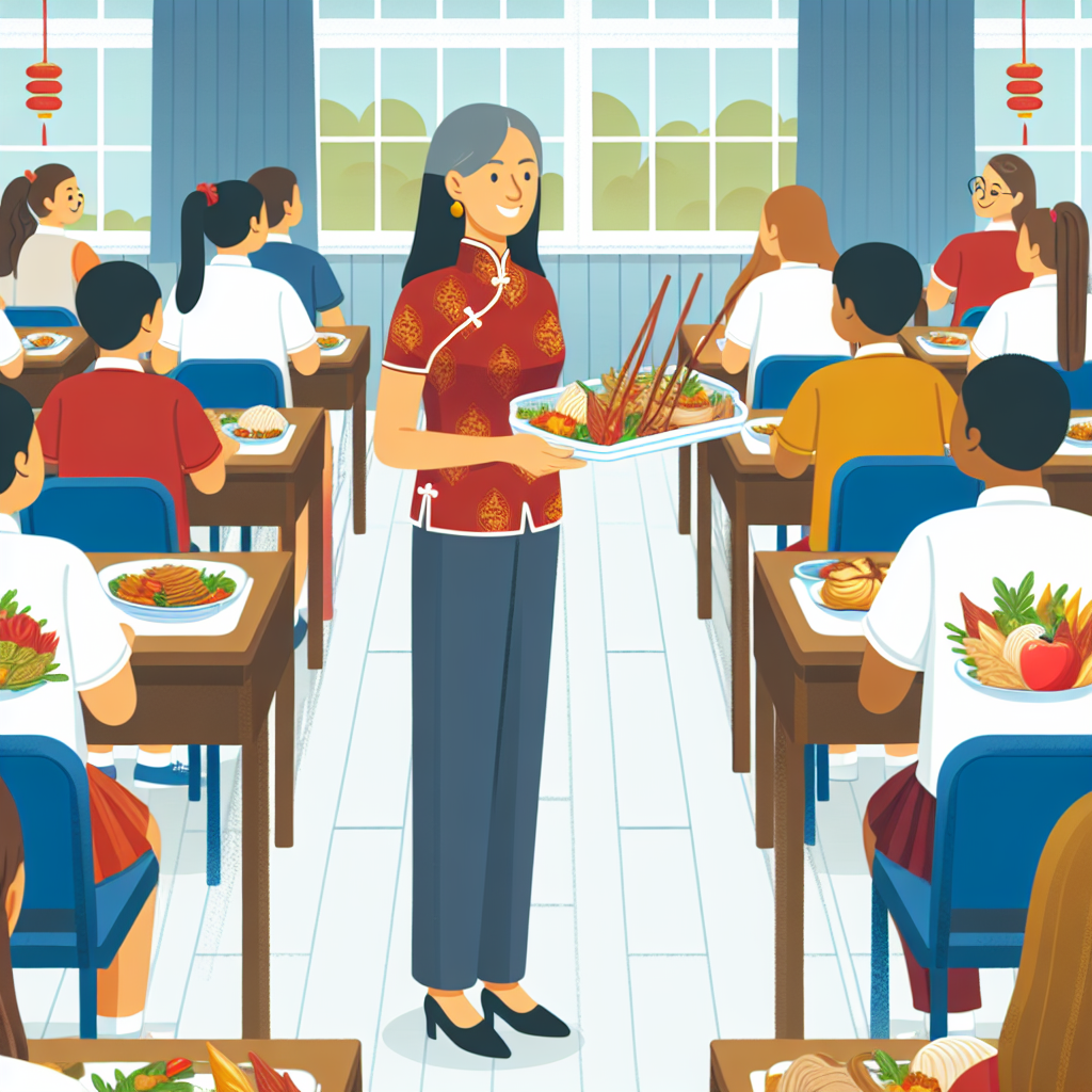 A classroom scene where students have various Chinese delicacies arranged on their desks. A middle-aged female Caucasian teacher stands at the podium, holding a plate of Chinese food. The room is buzzing with excitement, the delicious aroma of the food permeating the atmosphere.