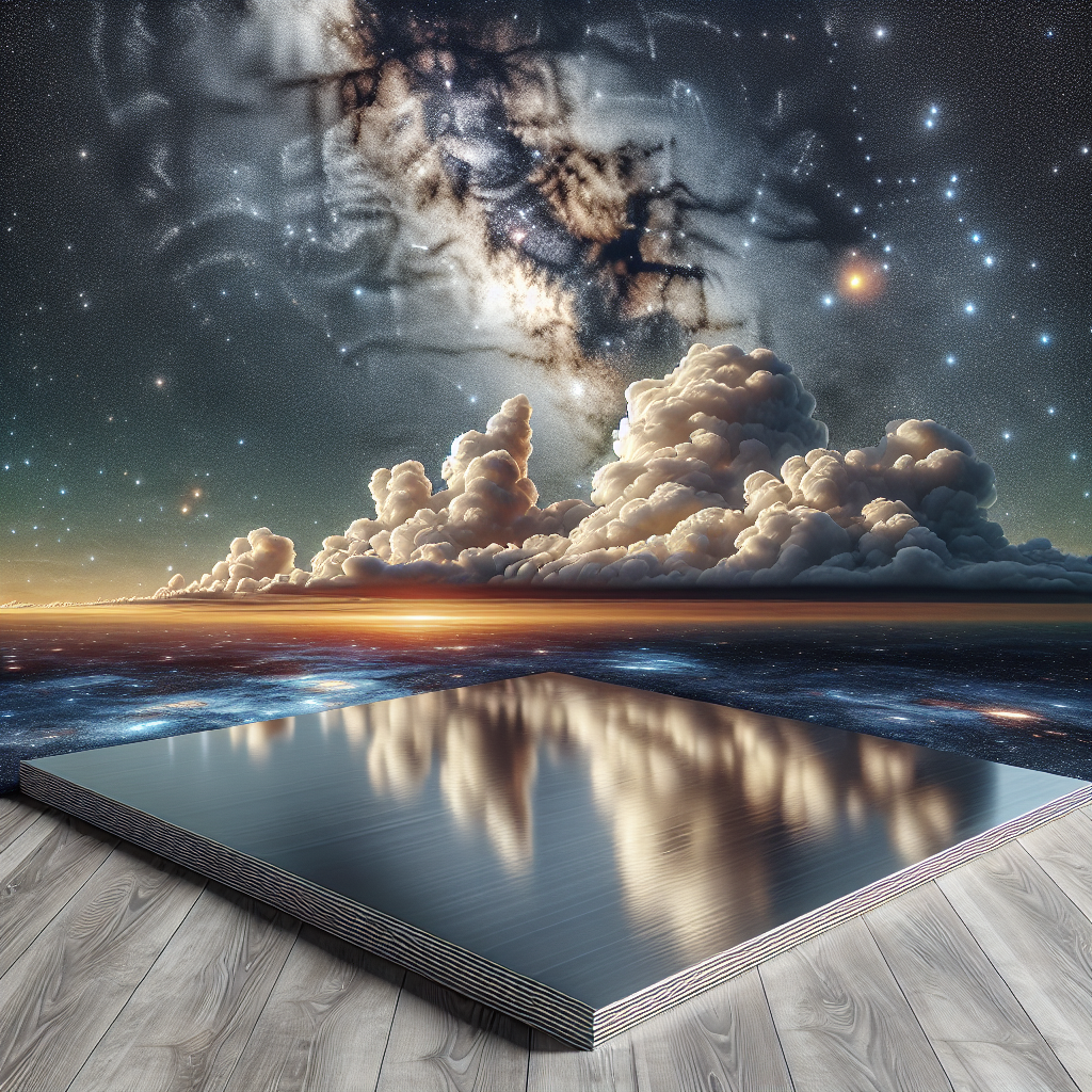 A high-resolution detailed image of a realistic cloud formation in the sky shaping the words 'ChangLong'. The backdrop displays a starlit night sky sprawling with numerous twinkling galaxies, adding an aura of an expansive outer space. In the foreground lies a piece of glossy PVC flooring, capturing and reflecting the radiant spectacle from above.