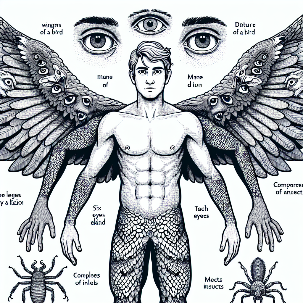 Create an image of a person who possesses the wings of a bird, the mane of a lion, the tail of a lizard, the compound eyes of an insect, six legs resembling those of insects, and skin that features scales like those of a snake.