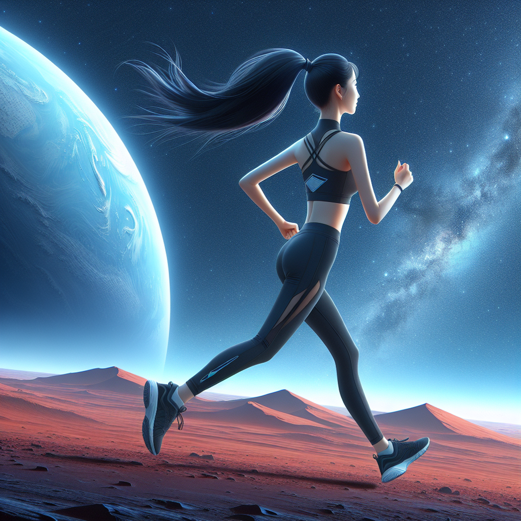 A tall Chinese girl with a ponytail, a diamond-shaped face, wearing sportswear, passionately running on the surface of Mars. The running action should convey passion and a sense of athleticism. The image should only show the girl's back. The background of this image should feature half of a deeply blue Earth and a profound starry sky.