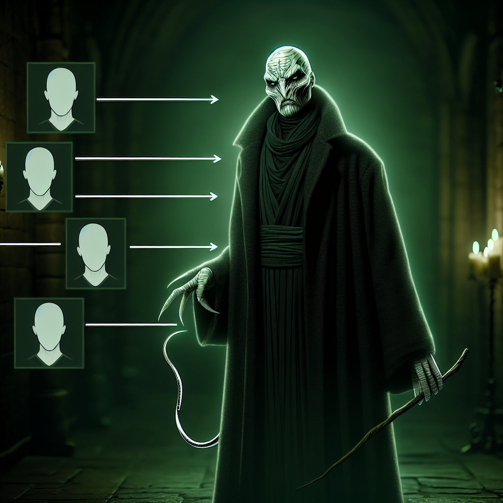 Create an image of a male character with distinctive features like being extremely pale, having a flat, snake-like face with slits for nostrils, and wearing a dark, flowing robe. The character should display a menacing aura, have an extremely thin body, and carry a curved wand. Situate this character in a gloomy, dimly lit castle corridor illuminated by greenish light emanating from the wand.