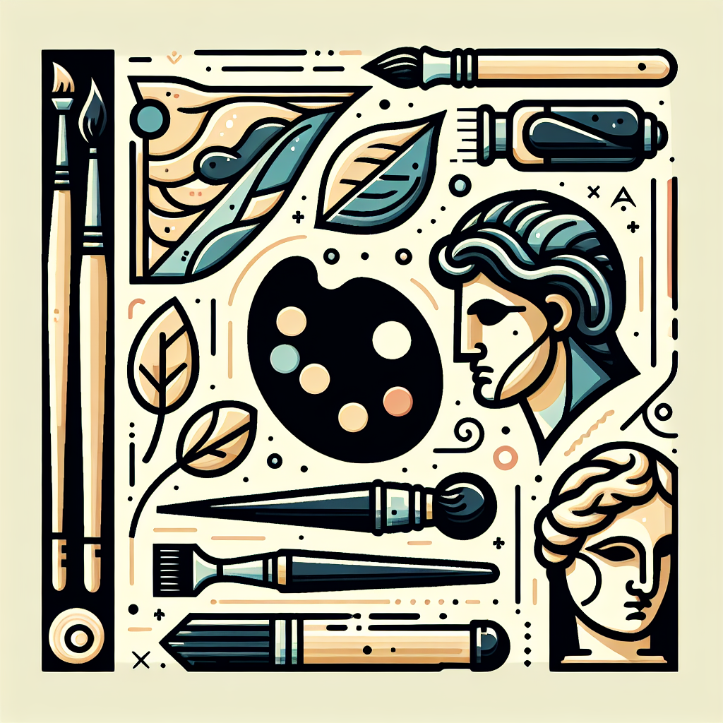 Create a vector image that epitomizes the concept of art. It can include various symbolic elements such as a palette, brushes, a chisel and marble. Position these elements harmoniously to portray the broad and multi-faceted nature of art.