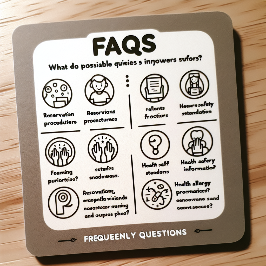 An image of the frequently asked questions (FAQs) section which provides various possible queries and answers that visitors might be interested in. It includes topics such as reservation procedures, health safety standards, and food allergy information. It should reflect an assurance of an enjoyable and safe visit experience.