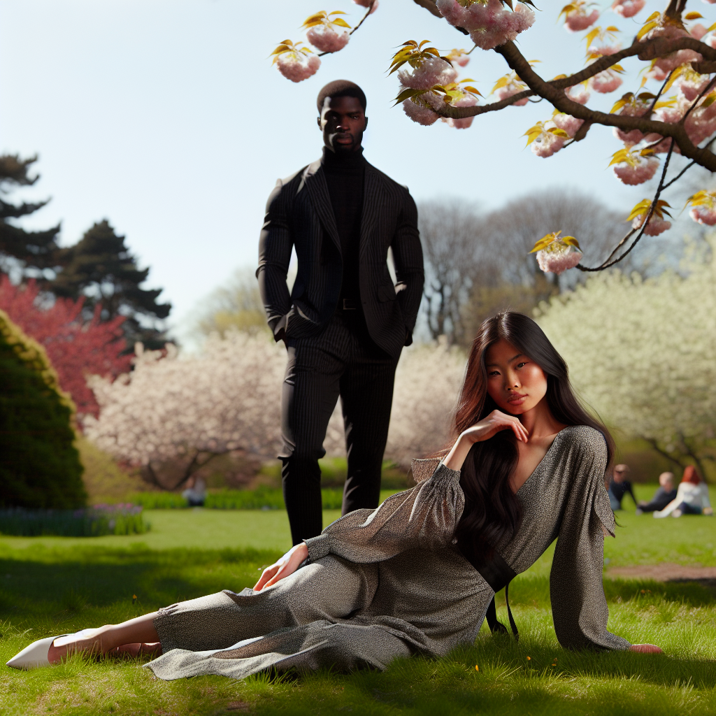 In a brilliant spring afternoon, in an outdoor forest interspersed with beautiful blossoms, a Black man stands behind a South Asian woman. She is dressed in an alluring manner and lounging on the grass, casting a relaxed atmosphere.