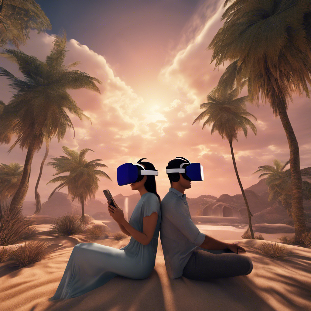 a couple enjoying a virtual reality date in an exotic, digital landscape.