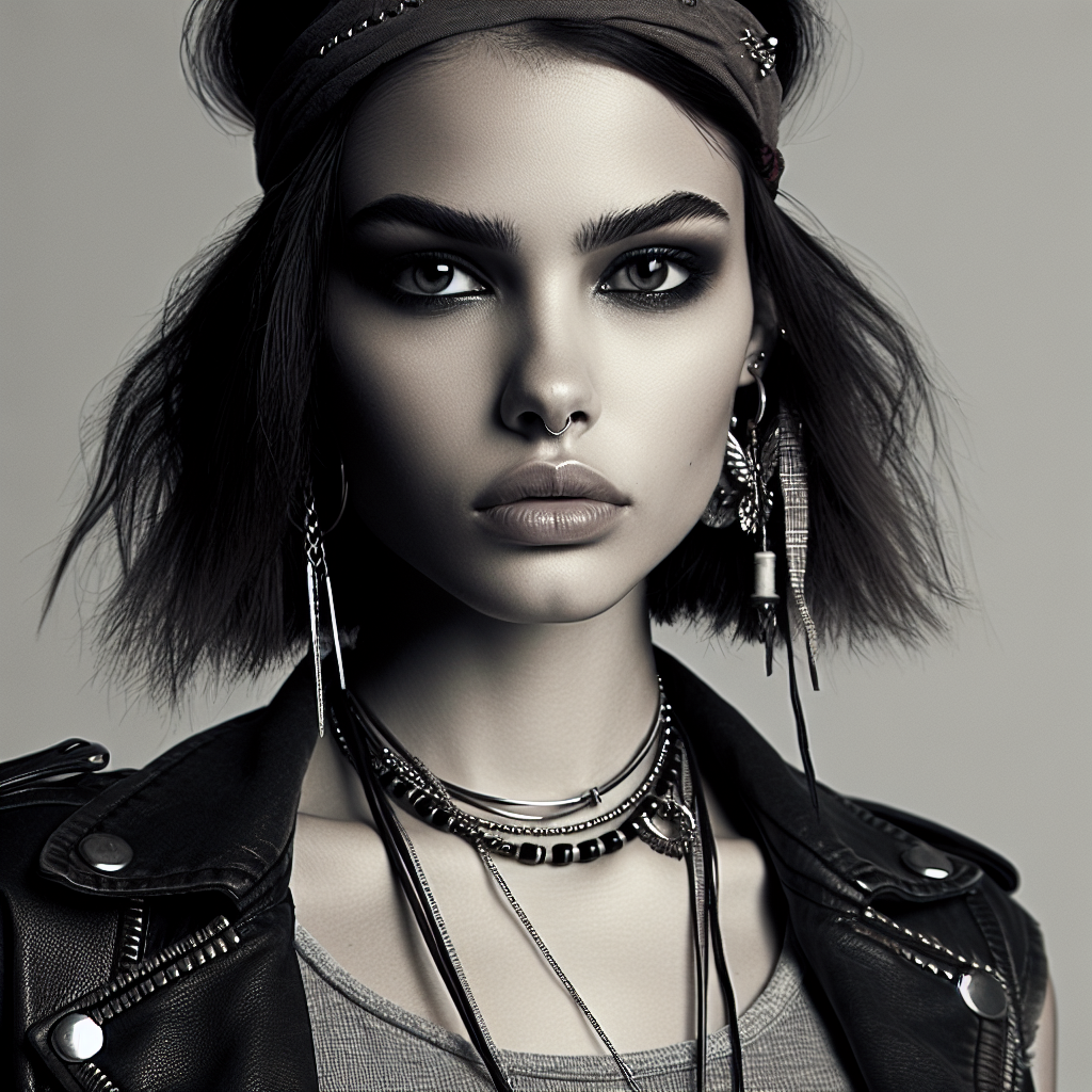 Generate an image that portrays a stylish and cool woman. She has a confident aura about her, with edgy fashion sense. She carries herself with an effortless swagger, showcasing her individualistic style. Her accessories are trendy and her hairstyle is a unique one that sets her apart. Her eyes are filled with determination and independence.