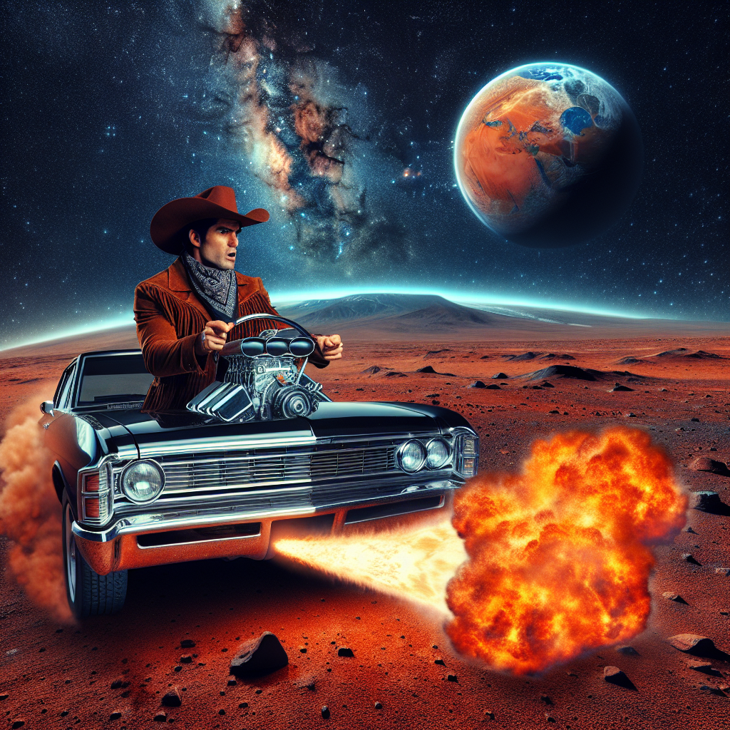 An American western cowboy, of South Asian descent, drives a car across the Martian surface. From the car's exhaust pipe, flames burst forth, and a large amount of Martian dust is kicked up by the tires. In the background, the deep blue Earth and an expansive star-filled sky can be seen. The scene conveys a sense of the car's powerful horsepower.