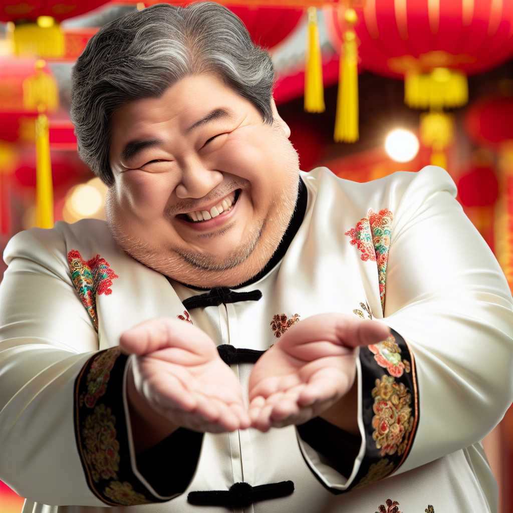 A rotund middle-aged man of Chinese descent is seen in the image. He's wearing traditional Chinese attire and making a deep bow in a sign of respect and good wishes. He is gesturing as if he's wishing everyone a Happy New Year. His face beams with genuine joy and well-wishing. Background is full of New Year's decorations typically seen during Chinese New Year celebrations. There's an air of festivity and jubilation around him.