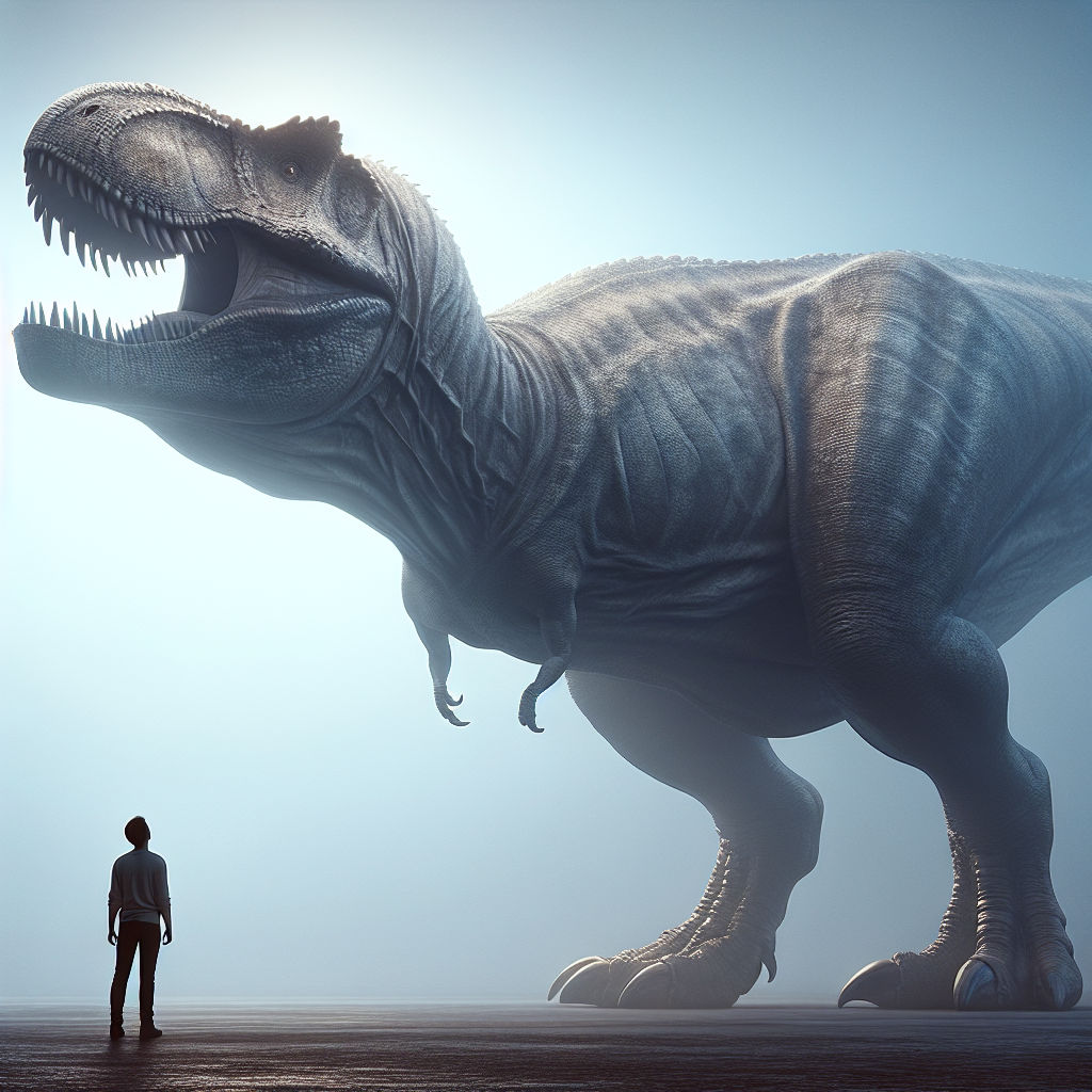 A comparison between the largest dinosaur from the Jurassic period and a human. The human standing firmly on the ground with a look of awe gazing up at the massive creature, highlighting the towering size of the dinosaur in comparison to the human.