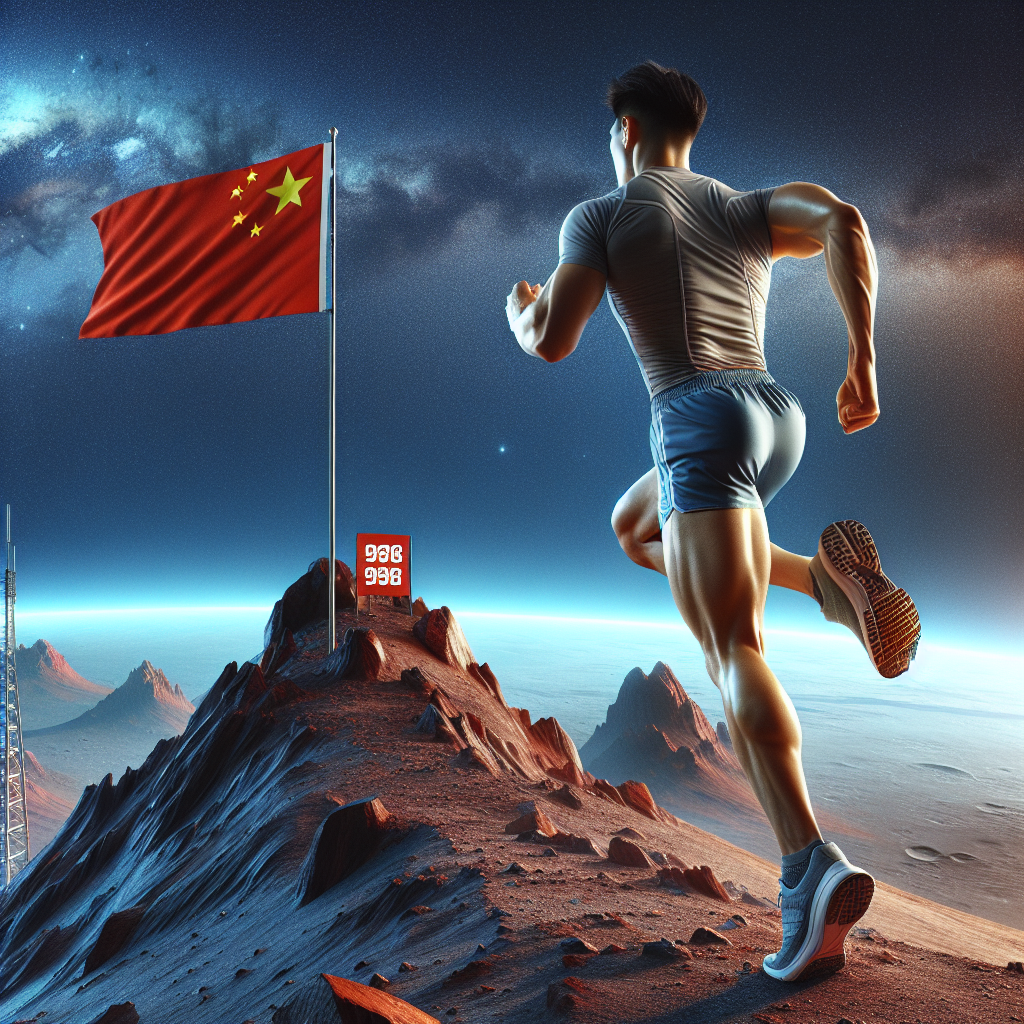 A perfectly built Chinese young man, dressed in athletic shorts and a T-shirt, running on the top of a high mountain on Mars. A Chinese red flag is planted at the top of the mountain, marked as 998. His passionate running figure is viewed from the back, and in the background the deep blue Earth and starry sky can be seen.