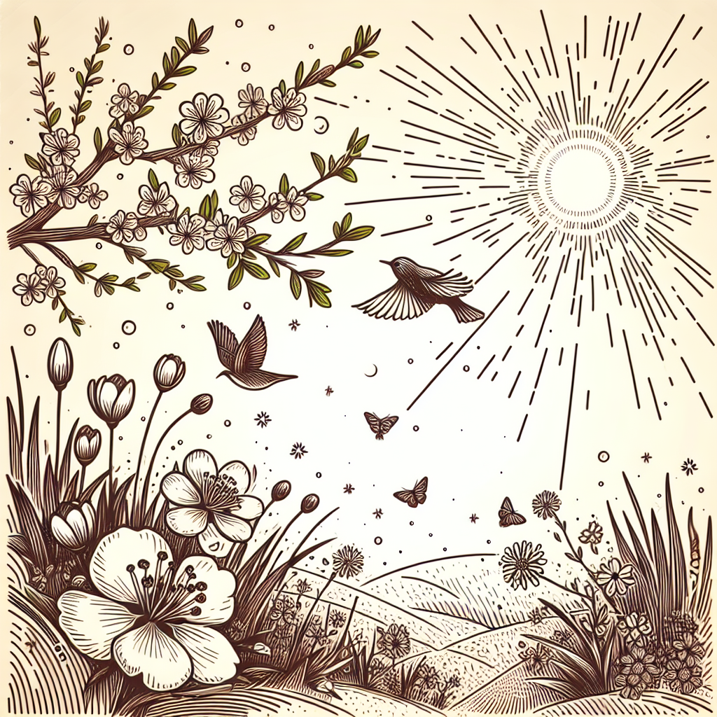 Generate an image that vividly captures the phrase 'the sun is shining, spring has arrived.' Depict it in a minimalist, line art style focusing on the close-up perspective. Illustrate the scene with distinctive signs of spring - blooming flowers, chirping birds, awakening of nature, with the radiant sun shining brightly giving a warm feel encapsulating the essence of spring.