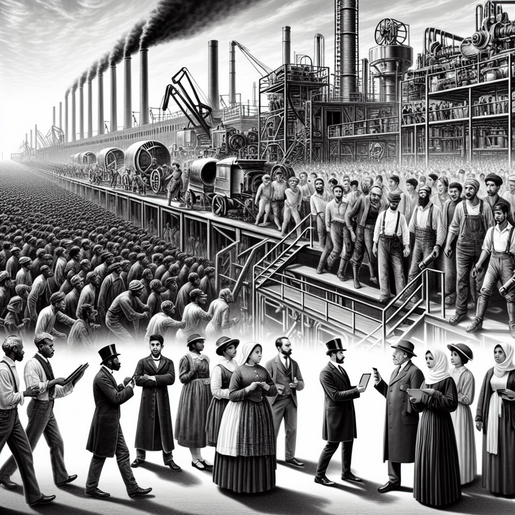Generate an image depicting a timeline of industrial revolution. The starting scene is from the 18th century showing Black and Caucasian workers strenuously operating heavy machinery in factories, symbolizing the dawn of industrialization. The scene then gradually transitions into the current 21st century where South Asian and Hispanic individuals, donning modern attire, are seen discussing near state-of-the-art automated manufacturing lines, conveying concern about the prospect of mass unemployment due to rapid automation.