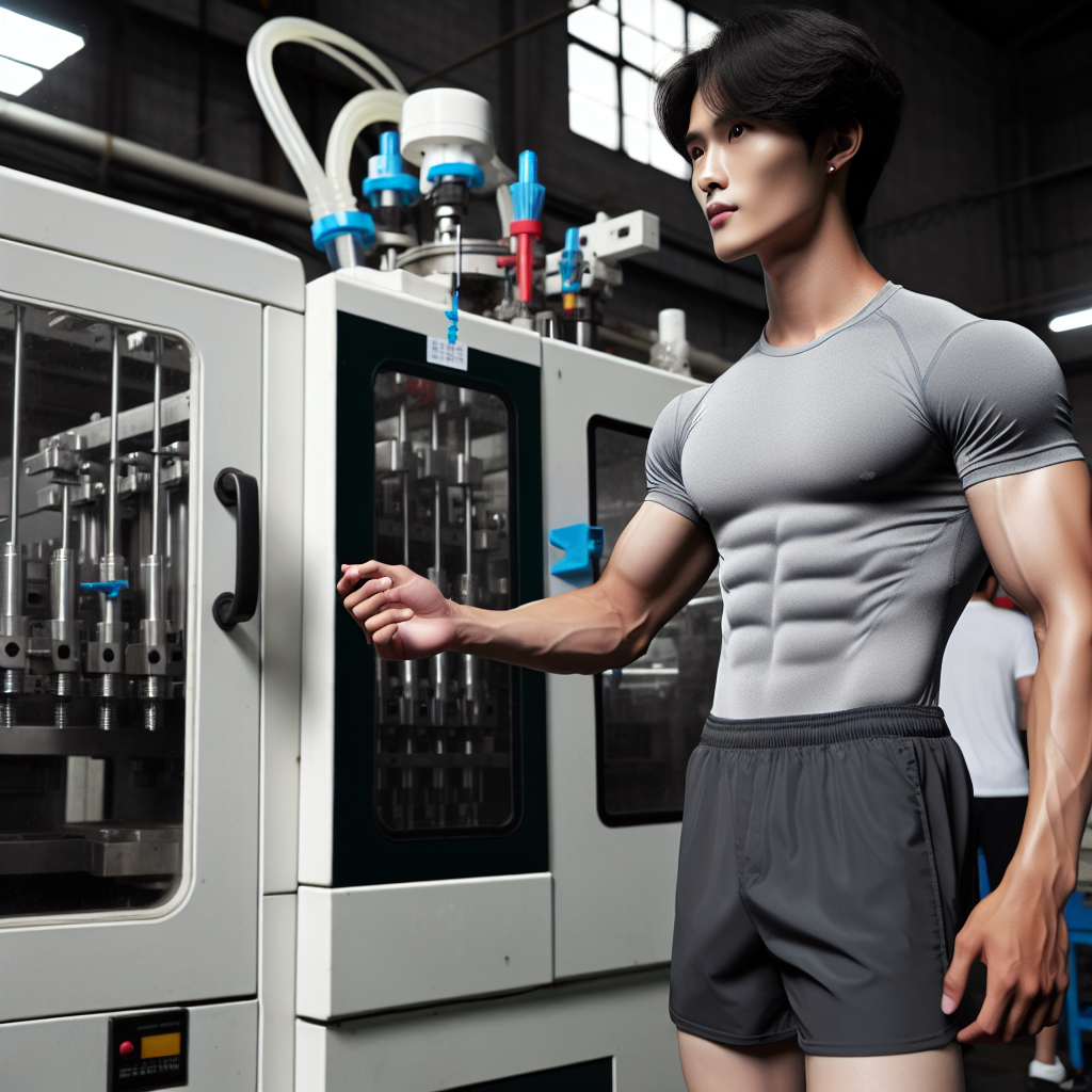 A young Chinese man with perfect physique is depicted. He's dressed in athletic shorts and a T-shirt, standing beside an injection molding machine in a factory. He's giving directions to the workers, looking serious. His full silhouette is visible, clearly defining his form.