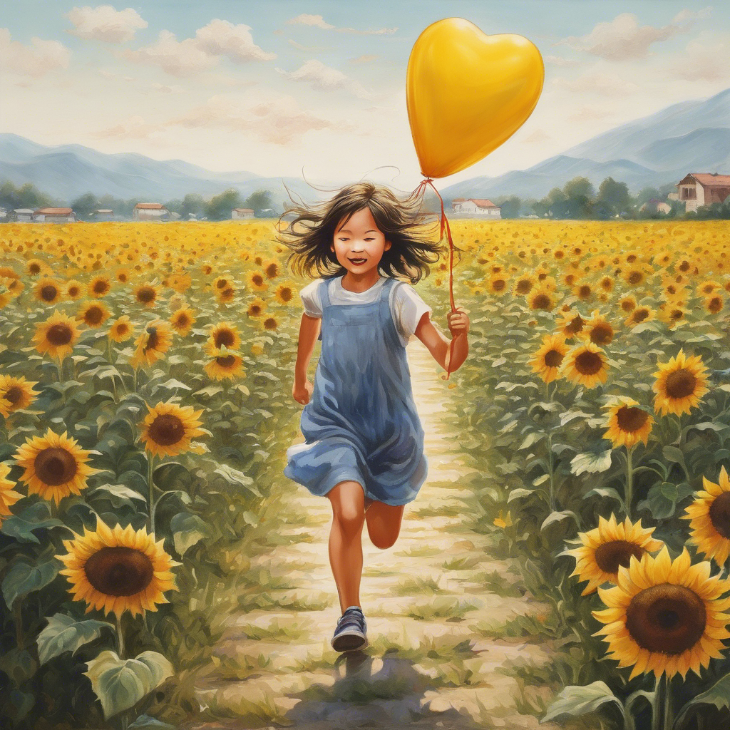 Draw a 40x40cm picture with 2cm of blank space around it: a picture of a little girl running with a love balloon with a field of sunflowers behind it. It says "心理健康" on the back.