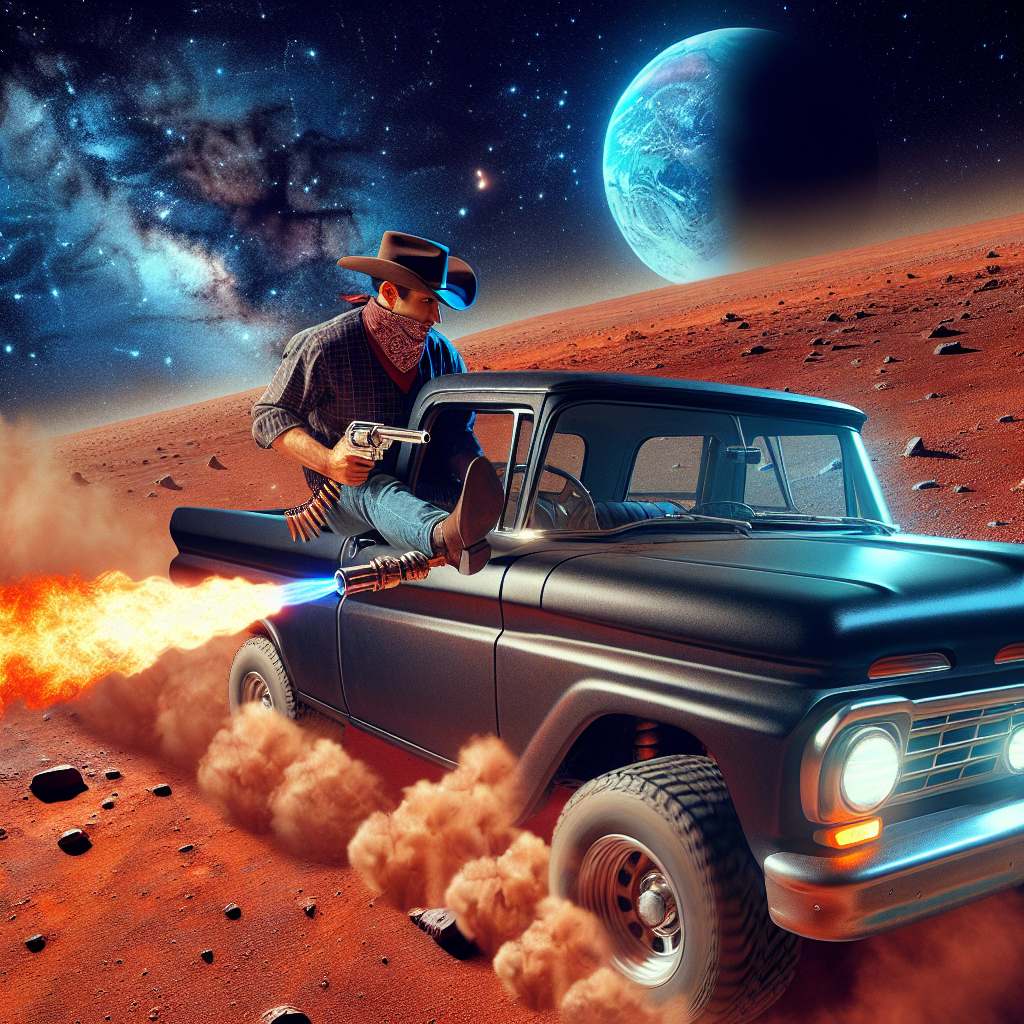 A Hispanic cowboy from the American West is driving a car on the surface of Mars. The car's exhaust pipe is spewing flames, and its tires are kicking up lots of Martian dust. The background should render a deep blue earth visible amidst a profound starry sky. The overall atmosphere of the image should express the feeling of the car's strong horsepower.