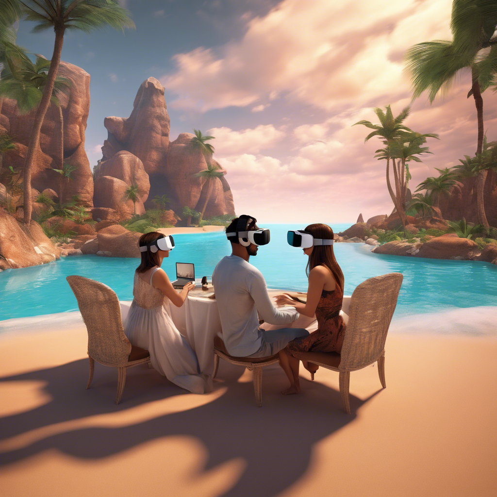 a couple enjoying a virtual reality date in an exotic, digital landscape.