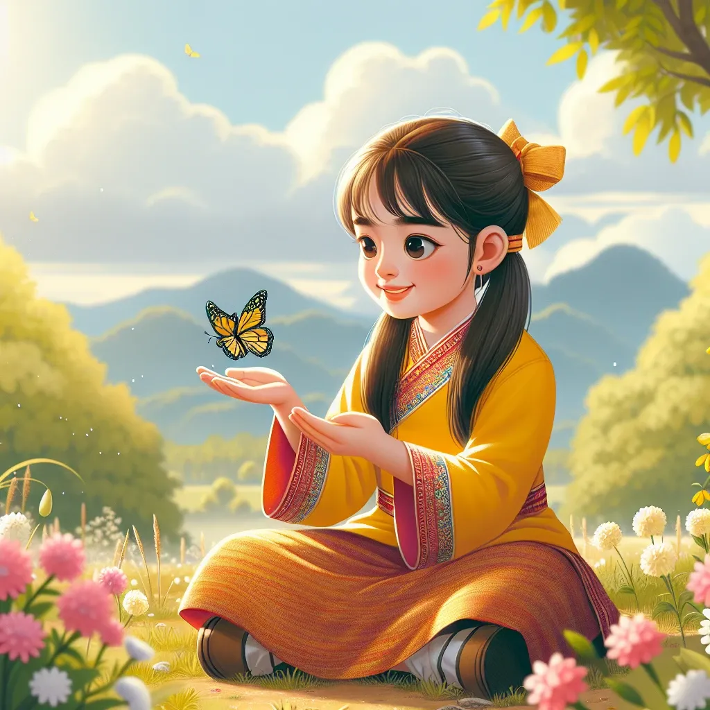 A South Asian girl wearing a bright yellow traditional dress. She has a cheerful smile and dark brown hair tied into pigtails. She sits cross-legged in the middle of a blossoming flower field, admiring a vibrant butterfly that has landed on her joined hands. The sun is shining in the sky but shaded by the soft, fluffy clouds. There's a backdrop of distant mountains and thick forest, capturing the tranquility of a peaceful afternoon.