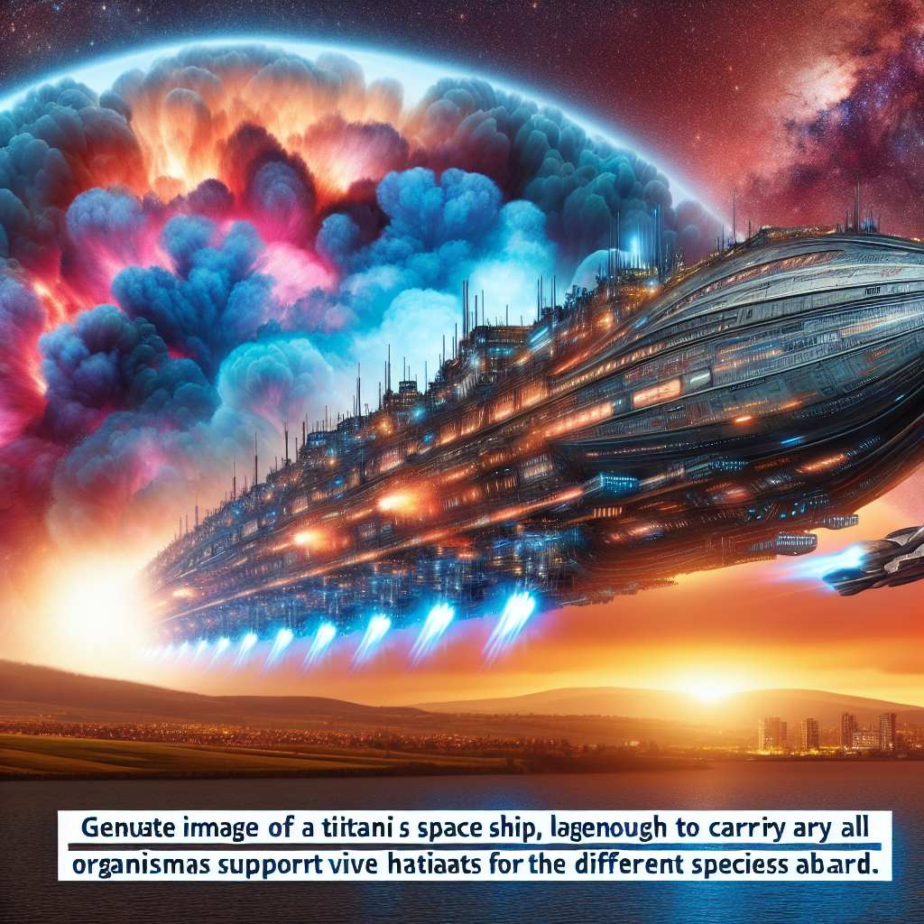 Generate an image of a titanic spaceship, large enough to carry all live organisms from Earth, as it's midway on its journey while the Earth explodes in the background. The ship should represent advanced technology and showcase features that support various habitats for the different species aboard.