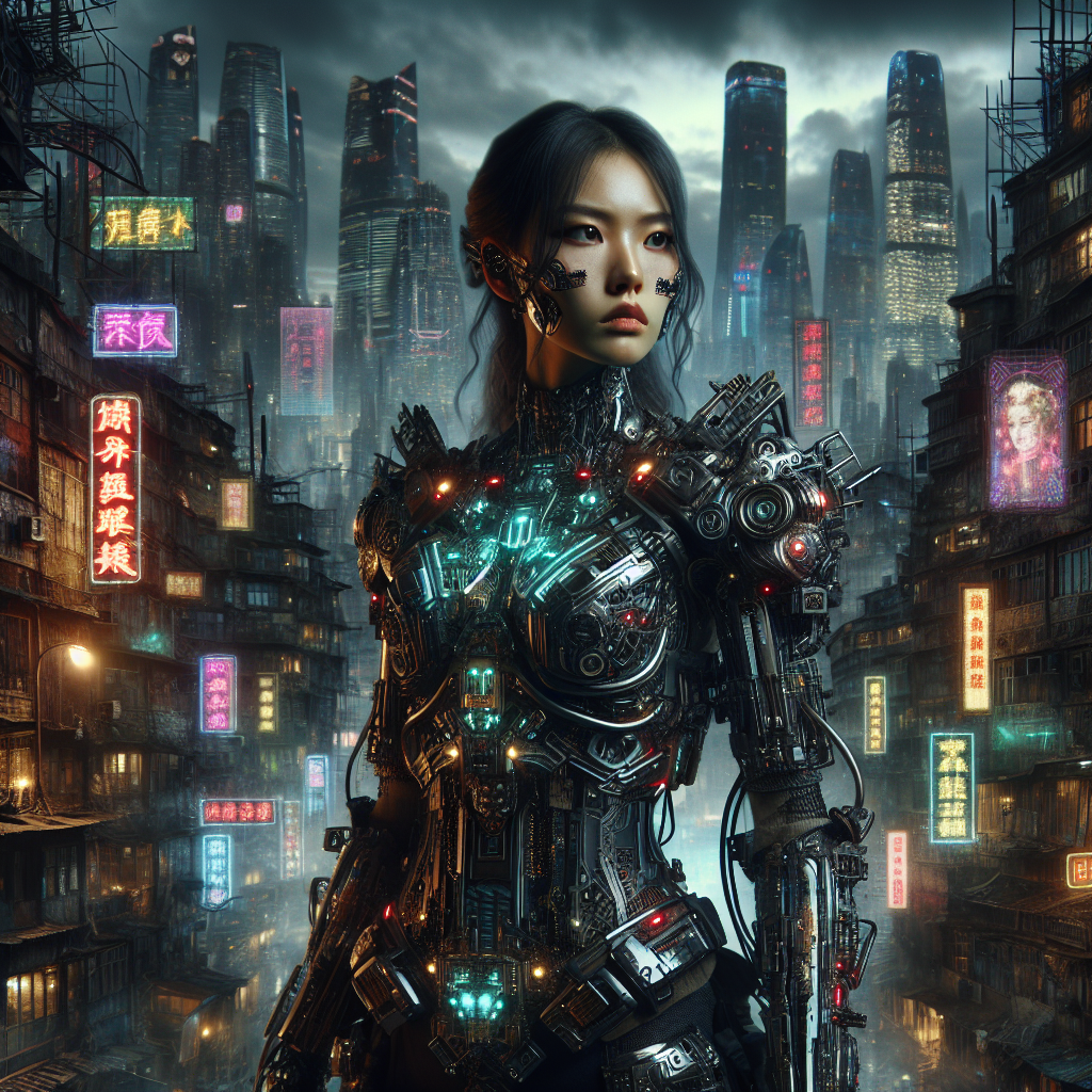 An East Asian female warrior clad in intricate cybernetic armor stands in front of a dystopian city scape. Her armor is complete with intricate, technological and futuristic details. An array of neon lights reflect off her armor, belying the darkness of the chaotic city behind her. Battered buildings, towering skyscrapers filled with grime and graffiti, punctuated with flickering neon billboards, set the backdrop for this scene. The sky, heavy with the weight of industrial pollution, wraps the city under the cowboy-steampunk world.