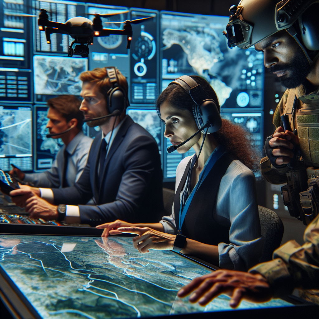 A coordinated joint operation in progress. This involves a multi-racial team of professionals working in sync. A Caucasian female strategically planning on a large interactive digital map, a South Asian male in headgear communicating via a radio set, a Black female analyzing data on a computer screen, and a Hispanic male operating a drone control system. They are located in a command center, filled with multiple screens displaying various data, maps, and live feeds. The atmosphere is intense, as they are all focused on achieving a common goal.