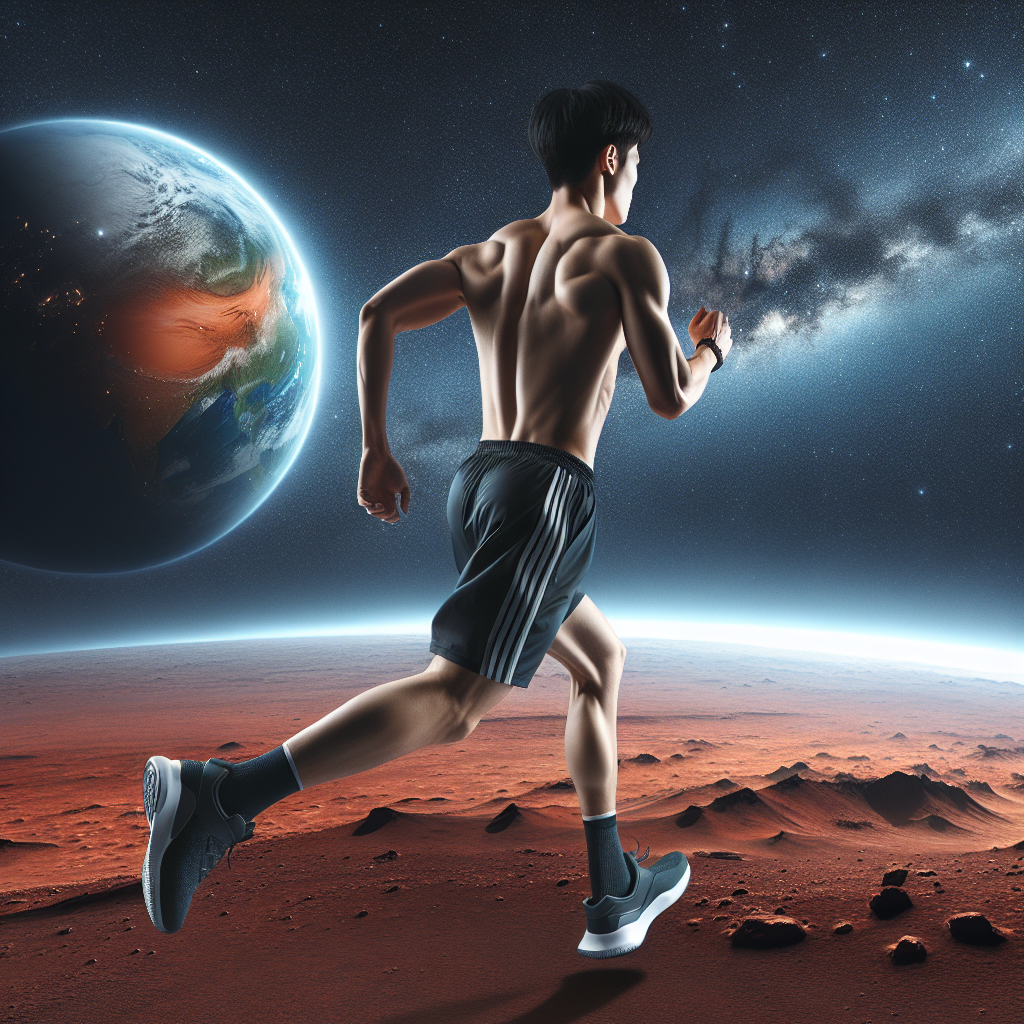 A Chinese young man with perfect physique, wearing sports shorts and a T-shirt, is running on the horizon of Mars. His passionate running figure is shown from the back. In the background, the deep blue Earth and starry sky can be seen.