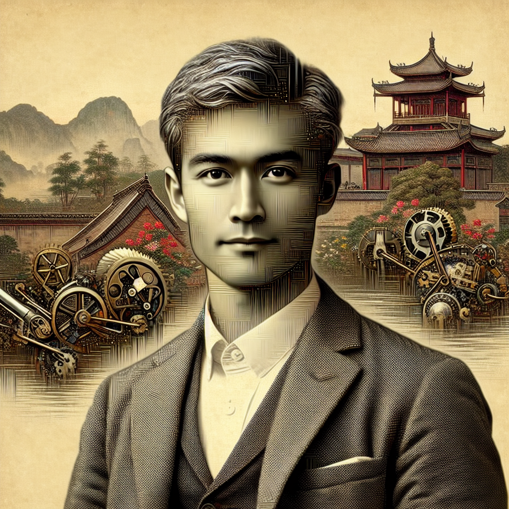 Generate an image of a businessman with similar attributes to a 21st century technology innovator, located in a 19th century Chinese setting. This man has a slim build, short grey hair, and often wears casual but smart clothing. While his attire needs to respect the period, the man is curious and daring, often seen tinkering with innovative mechanical devices of the times.