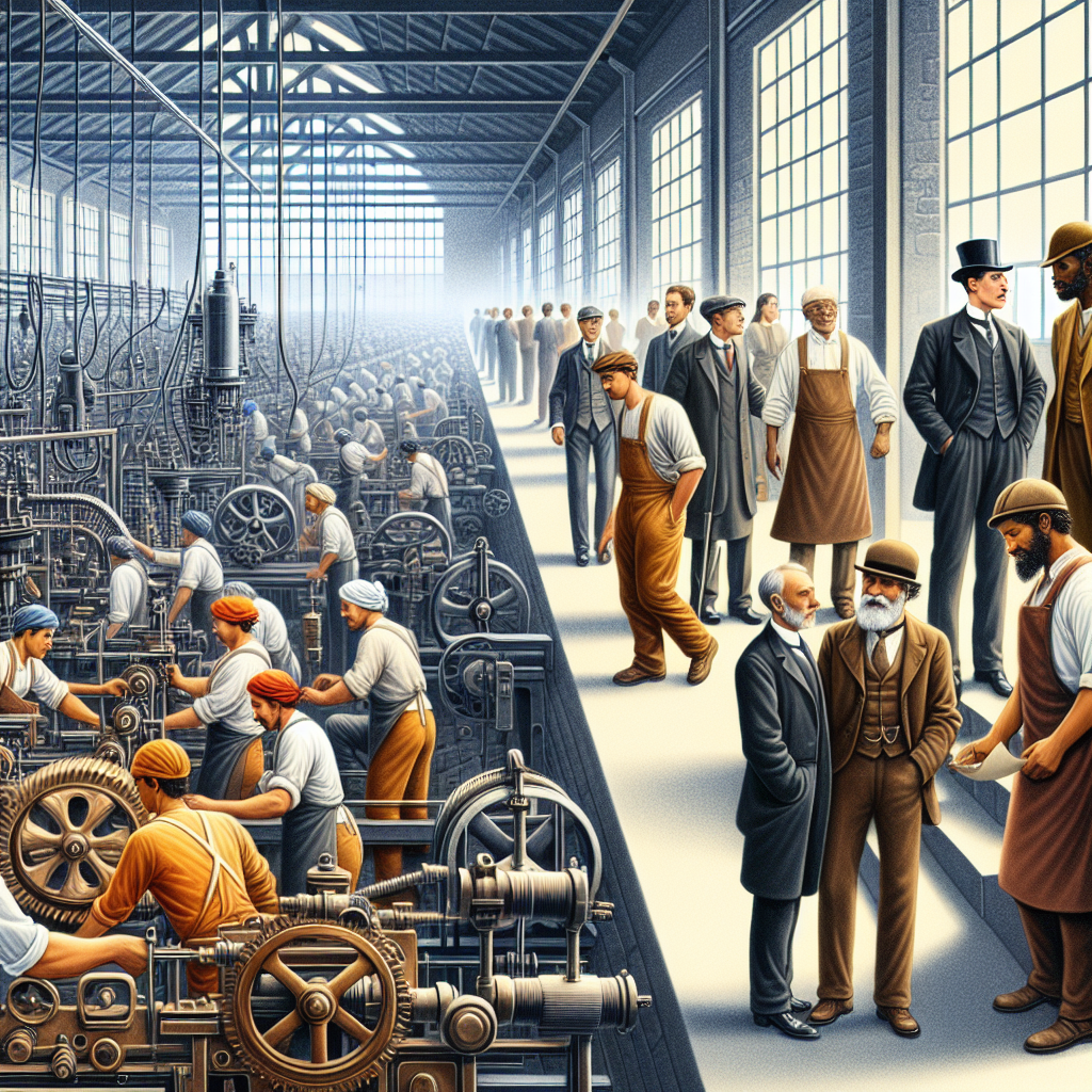 Illustrate a detailed scene transitioning from historic to contemporary times. Begin with the onset of the Industrial Revolution in the 18th century. Display 18th-century factories with Black and Caucasian laborers diligently handling machinery parts, embodying strenuous work and cooperation. Progress the picture into a 21st-century context, featuring South Asian and Hispanic figures in professional clothes, immersed in a profound conversation, articulating issues near automated production lines. Emphasize the contrast between manual labor and mechanization, exhibiting the progress and intricacy it introduces.