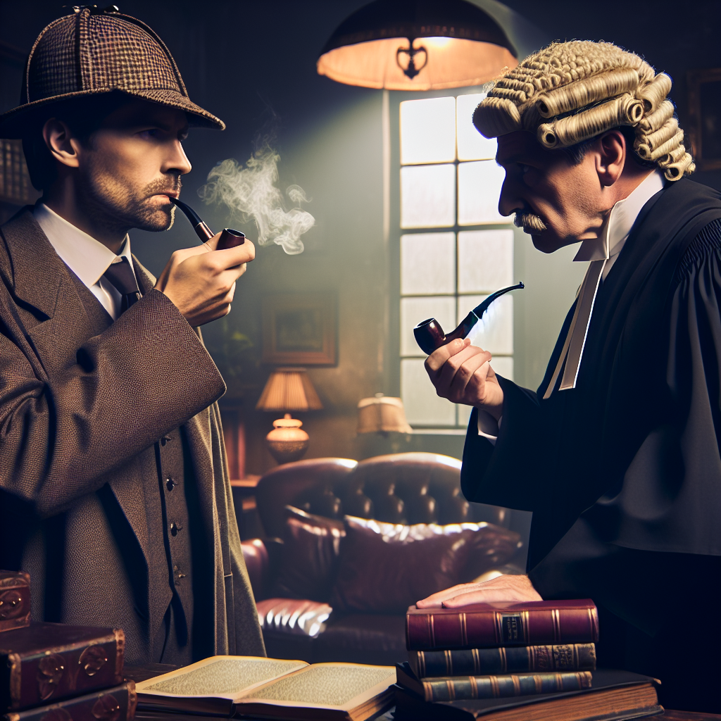 Create an image illustrating a tense scene where a renowned detective with a deerstalker hat, smoking a pipe, is in a strategic face-off with a clever, committed barrister wearing a Victorian-era robe and wig. The setting is a dimly-lit parlor room filled with antique furniture and an air of suspense