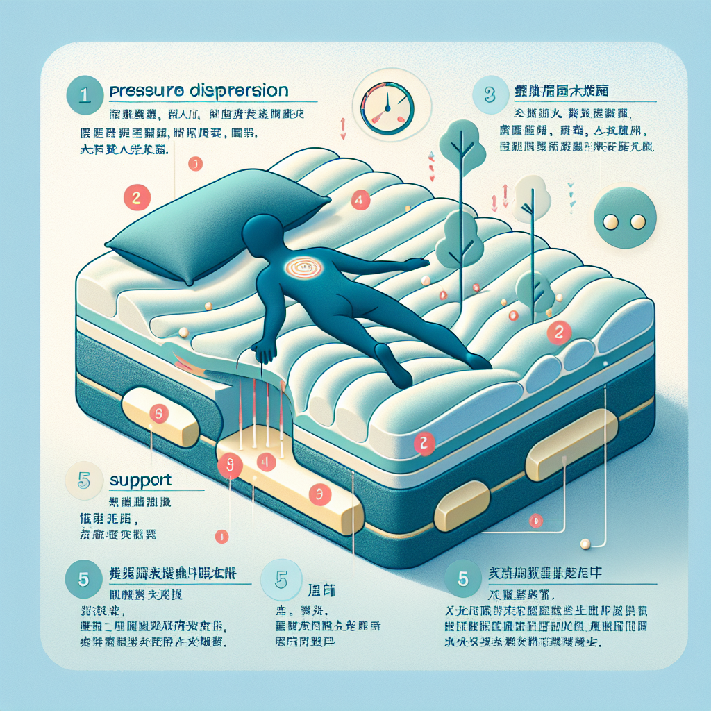 Generate a promotional illustration of a pressure-relieving memory foam product that expresses the following features in Chinese text. 1. Pressure dispersion: The memory foam can evenly distribute body pressure, reducing the oppression on specific body parts like the spine, hip bones, or shoulders, to avoid the formation of pressure points. 2. Support: Its material can change its shape under pressure to match the user's physique and weight, providing good support and helping to maintain the spine's natural curve. 3. Comfort: The memory foam is soft and very comfortable to use, which may help people relax and potentially improve sleep quality. 4. Temperature sensitivity: The memory foam material is temperature-sensitive and can soften or harden according to body temperature, providing a comfortable and temperature-adjusting environment. 5. Motion isolation: When a person on the bed turns or moves, the motion isolating properties of the material enable the memory foam to absorb vibrations and movements, minimizing the impact on other parts. This straightforwardly helps to not disturb a partner's sleep. 6. Durability: The memory foam is a high-density foam material, offering good durability and long-lasting shape retention. 7. Hypoallergenic: Ordinary memory foam is not friendly to dust mites and other allergenic substances, it can inhibit allergens, and is suitable for users with allergic constitution.