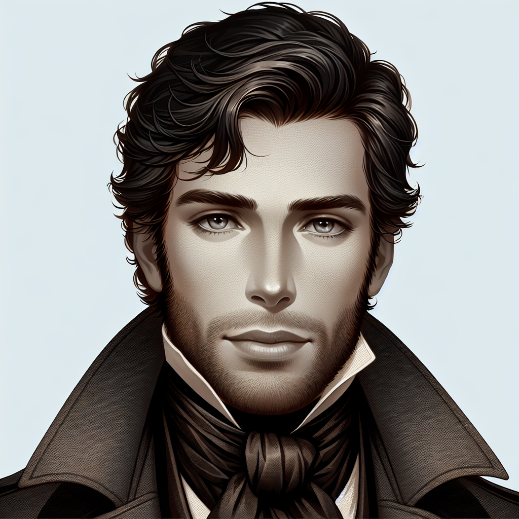 Create an image of a male character in 19th-century attire. He should be Caucasian with dark hair and eyes, wearing a high-collared coat and a cravat. His countenance should express a sense of mystery and intrigue, as befitting of a man who's known to live an adventurous life.
