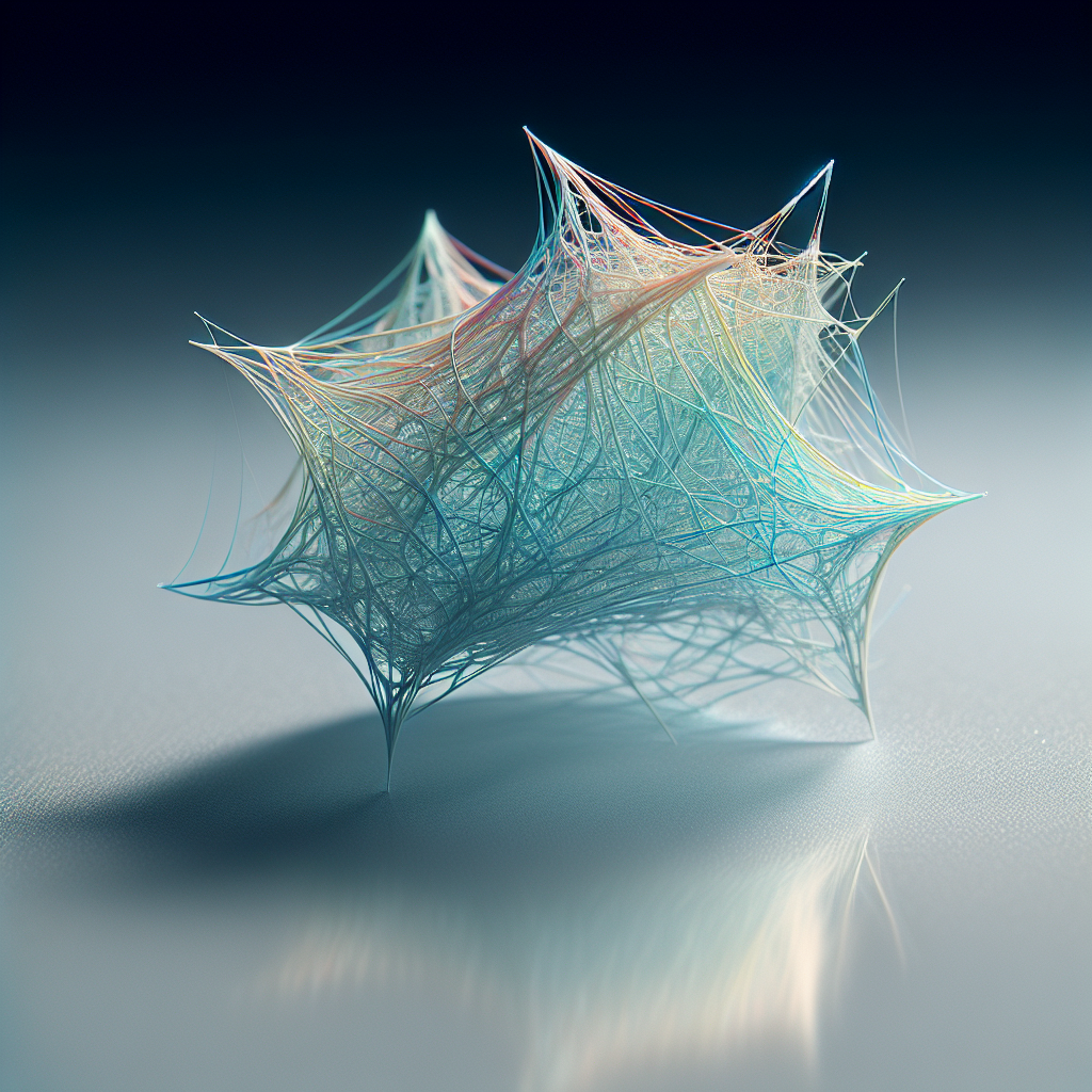 A small piece of polyurethane nanofiber web, created using the electrospinning technique. The nanofibers are intertwined, creating a complex, high-surface-area structure. The colors of the fibers can reflect the influence of the electrospinning process. The piece is delicate, reflecting the lightweight and thin nature of the polyurethane. The background should be contrasting and clean, to showcase the intricate structure of the nanofiber web.