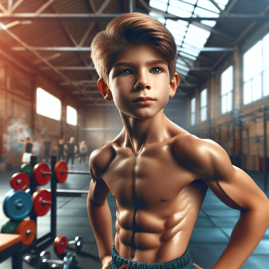 Create an image of a muscular, strong-looking male child. His Countenance shows determination and confidence. His skin glows with energy and health. He should be in athletic wear with colors of your choice. The setting is an open gym with equipment like dumbbells and barbells scattered around.