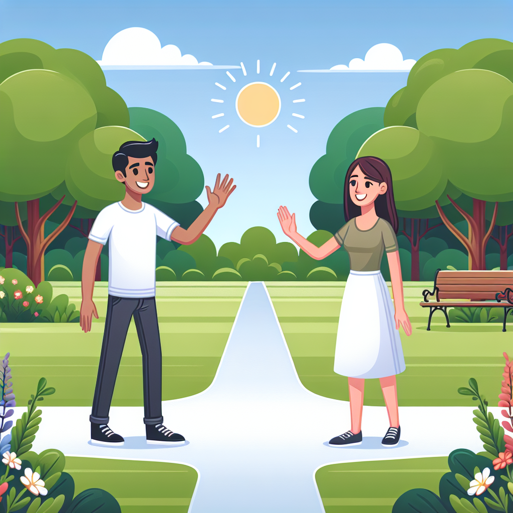 Visual representation of a friendly greeting between two people, a Hispanic man waving his hand and a Caucasian woman smiling in return, set against the backdrop of a sunny day in a park. The park is filled with lush green trees, a clear blue sky, and a path bordered by vibrant flowers in bloom.