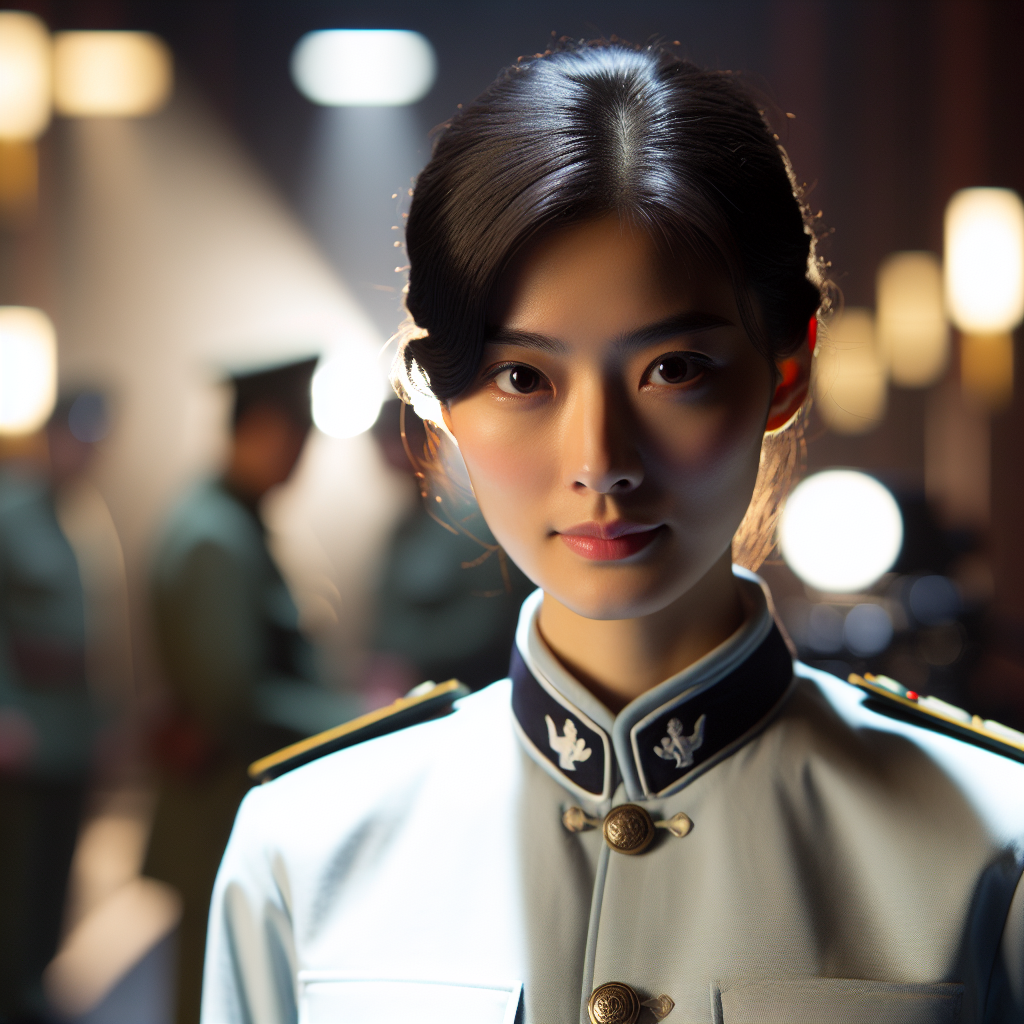 An image portraying a young Chinese female police officer from a movie, with a clear view of her face. She stands proudly, donned in a traditional police uniform. The setting radiates cinematic ambiance, fitting for a fictional film context.