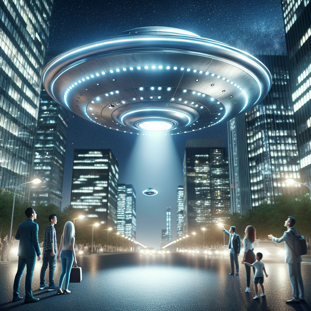 Create a detailed, photorealistic image depicting the following scene: it's nighttime in a modern cityscape, with a smooth, silver UFO suspended between towering skyscrapers. The UFO's surface reflects the lights of the city, producing an aura of mystery and futurism. Available on the streets are individuals of various ages, genders, and descents - from a Hispanic man capturing the scene on his phone camera, a surprised Middle-Eastern woman looking up in awe, to South Asian children animatedly pointing towards the UFO. The UFO emits a gentle glow that illuminates the surrounding air and casts light spots on the ground, creating a contrast with the city lights. Ensure a close-up focus on the details of the UFO's entry point or engine, featuring panel lines, lights, and cryptic symbols, with the blurred silhouette of the city in the background. Concentrate on the refined details, and how the materiality and lighting react on the UFO's surface.